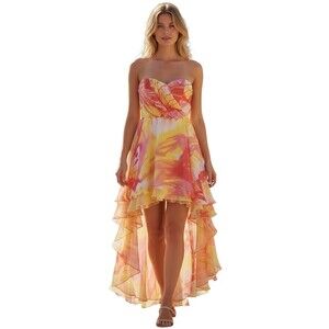 Jump Juniors Prom Dress Size 7/8 Multicolor Floral Strapless Hi-Low Ruffle